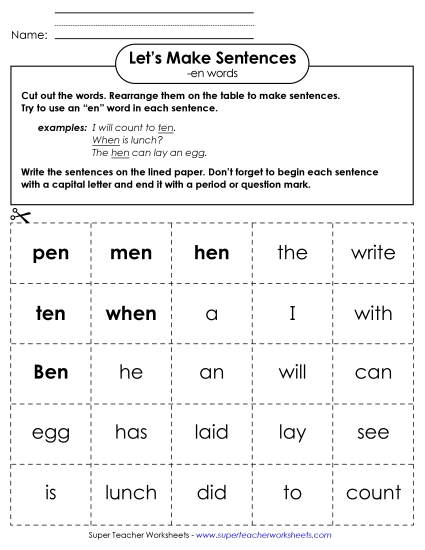 Worksheets - Make Sentences: Word Cards (-en)