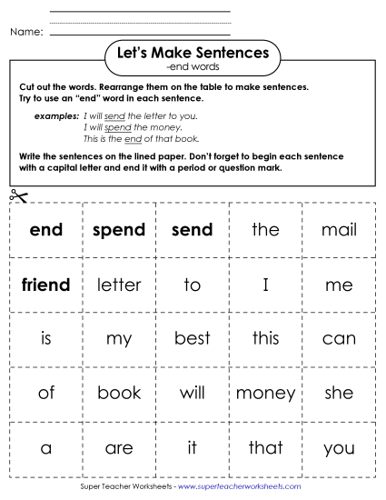 Worksheets - Make Sentences: Word Cards (-end)