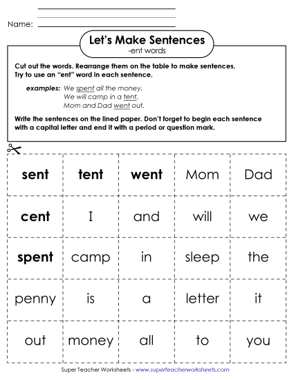 Worksheets - Make Sentences: Word Cards (-ent)
