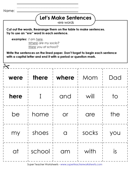 Worksheets - Make Sentences: Word Cards (-ere)