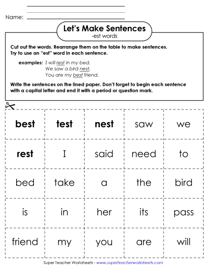 Worksheets - Make Sentences: Word Cards (-est)