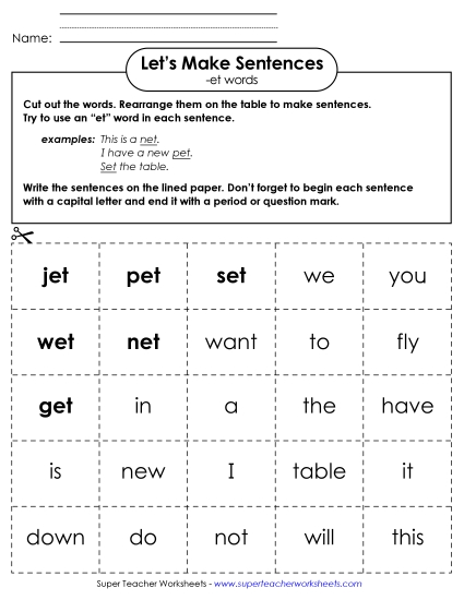 Worksheets - Make Sentences: Word Cards (-et)