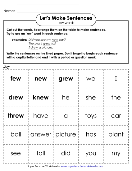 Worksheets - Make Sentences: Word Cards (-ew)