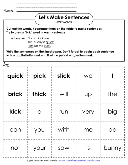 Worksheets - Make Sentences: Word Cards (-ick)