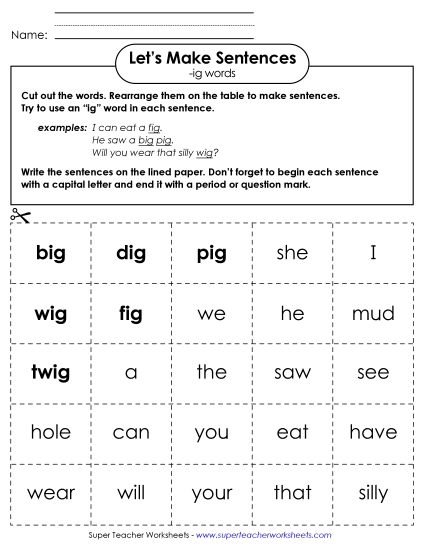 Worksheets - Make Sentences: Word Cards (-ig) Worksheets - Make Sentences: Word Cards (-ig)