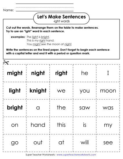 Worksheets - Make Sentences: Word Cards (-ight) Worksheets - Make Sentences: Word Cards (-ight)