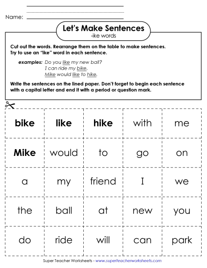 Worksheets - Make Sentences: Word Cards (-ike) Worksheets - Make Sentences: Word Cards (-ike)