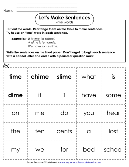 Worksheets - Make Sentences: Word Cards (-ime)