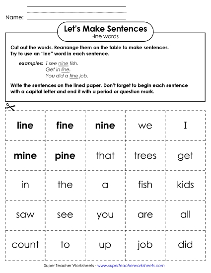 Worksheets - Make Sentences: Word Cards (-ine)
