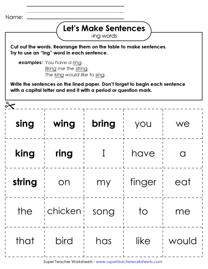 Worksheets - Make Sentences: Word Cards (-ing)