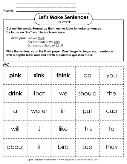 Worksheets - Make Sentences: Word Cards (-ink)