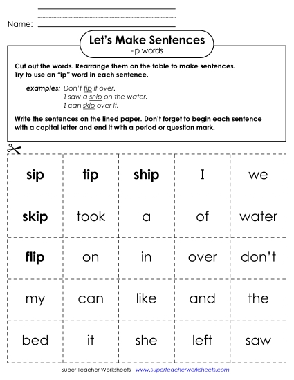 Worksheets - Make Sentences: Word Cards (-ip)