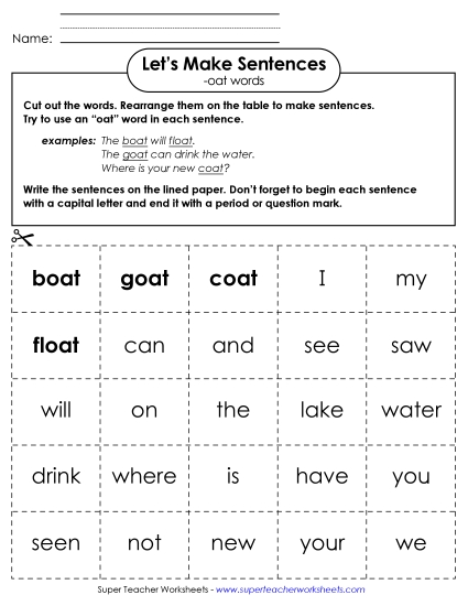 Worksheets - Make Sentences: Word Cards (-oat)