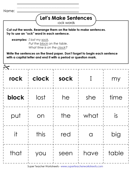 Worksheets - Make Sentences: Word Cards (-ock) Worksheets - Make Sentences: Word Cards (-ock)