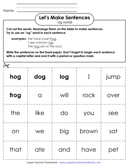 Worksheets - Make Sentences: Word Cards (-og)