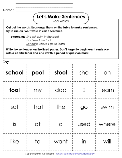 Worksheets - Make Sentences: Word Cards (-ool)