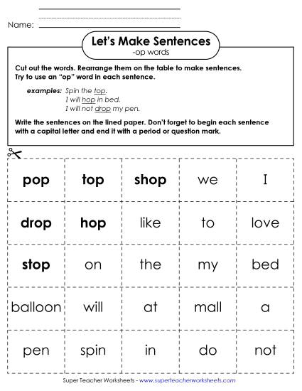 Worksheets - Make Sentences: Word Cards (-op) Worksheets - Make Sentences: Word Cards (-op)