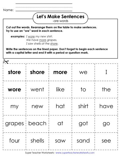 Worksheets - Make Sentences: Word Cards (-ore) Worksheets - Make Sentences: Word Cards (-ore)