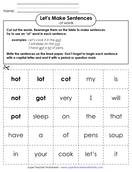 Worksheets - Make Sentences: Word Cards (-ot)