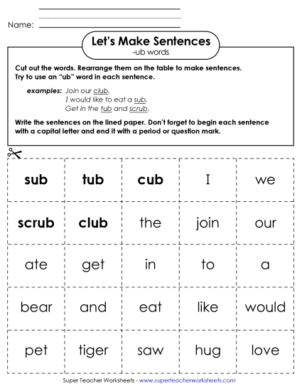 Worksheets - Make Sentences: Word Cards (-ub)