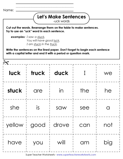 Worksheets - Make Sentences: Word Cards (-uck)