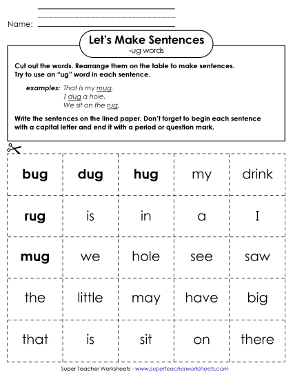 Worksheets - Make Sentences: Word Cards (-ug)