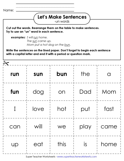 Worksheets - Make Sentences: Word Cards (-un)