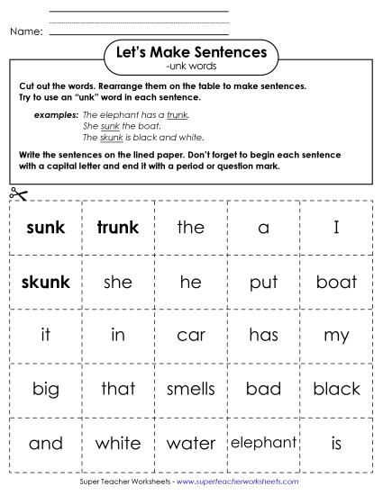 Worksheets - Make Sentences: Word Cards (-unk)