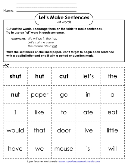 Worksheets - Make Sentences: Word Cards (-ut)