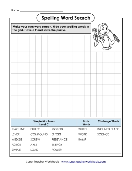 Worksheets and Activities - Make Your Own Word Search (C-Simple Machines Words) Worksheets and Activities - Make Your Own Word Search (C-Simple Machines Words)