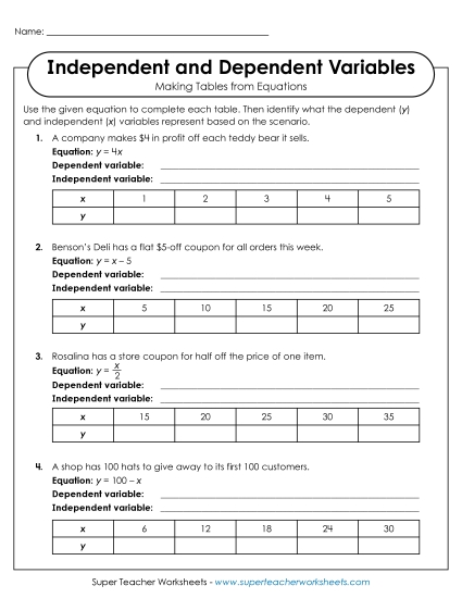 Independent & Dependent Variables w/ Equations, Tables, & Graphs - Making Horizontal Tables from Equations (Independent & Dependent Variables) Independent & Dependent Variables w/ Equations, Tables, & Graphs - Making Horizontal Tables from Equations (Independent & Dependent Variables)