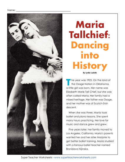 Reading Comprehension - Maria Tallchief: Dancing into History (Printable PDF Worksheet)