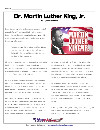Reading Comprehension - Martin Luther King Jr. (Higher Reading Level)