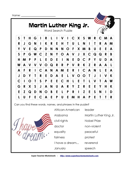 M.L.K. Worksheets - Martin Luther King Word Search Puzzle
