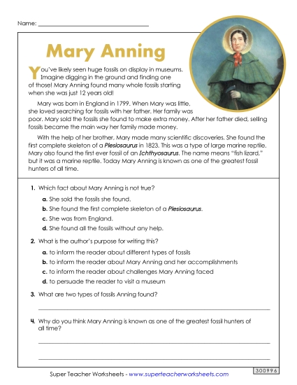 Reading Comprehension Articles - Mary Anning (Short Passage)