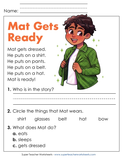 Reading Comprehension and Additional ELA Skills - Mat Gets Ready Reading Comprehension and Additional ELA Skills - Mat Gets Ready