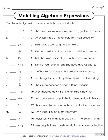 Level: Basic (1-Step; No Parenthesis) - Matching Algebraic Expressions (One Step)