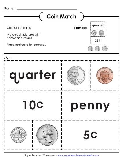 Pennies, Nickels, Dimes, Quarters - Matching Puzzle Game: Cut and Glue