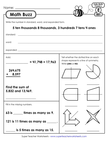 Math Buzz: Week 1 Worksheets 1 through 5 Math Buzz: Week 1 Worksheets 1 through 5