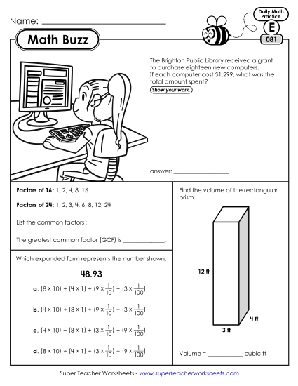 Math Buzz: Week 17 Worksheets 81 through 85 Math Buzz: Week 17 Worksheets 81 through 85