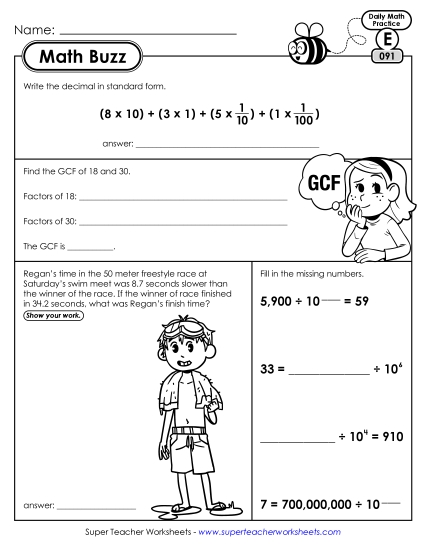 Math Buzz: Week 19 Worksheets 91 through 95