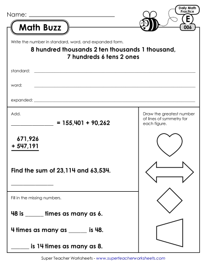 Math Buzz: Week 2 Worksheets 6 through 10 Math Buzz: Week 2 Worksheets 6 through 10