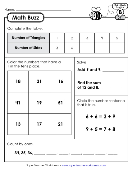 Math Buzz: Week 3 Worksheets 11 through 15 Math Buzz: Week 3 Worksheets 11 through 15