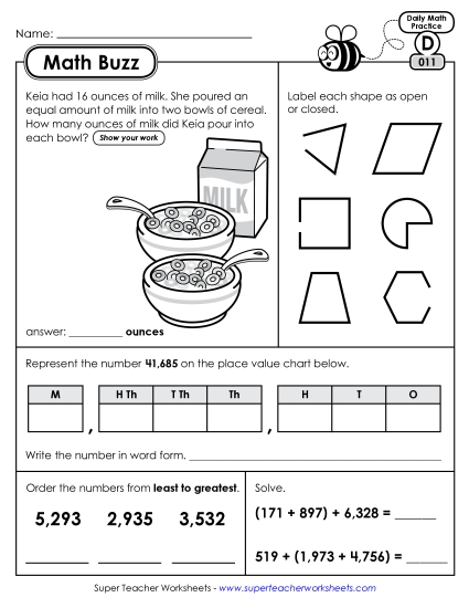 Math Buzz: Week 3 Worksheets 11 through 15 Math Buzz: Week 3 Worksheets 11 through 15