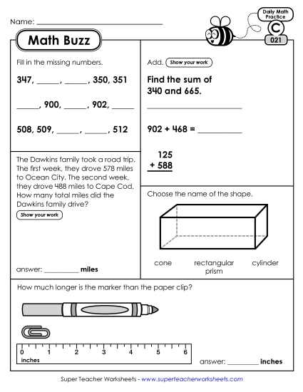 Math Buzz: Week 5 Worksheets 21 through 25 Math Buzz: Week 5 Worksheets 21 through 25