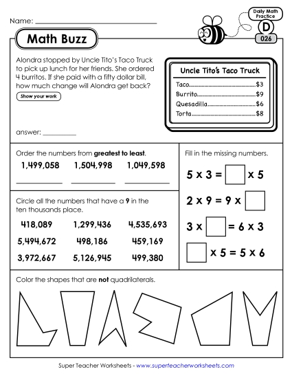 Math Buzz: Week 6 Worksheets 26 through 30 Math Buzz: Week 6 Worksheets 26 through 30