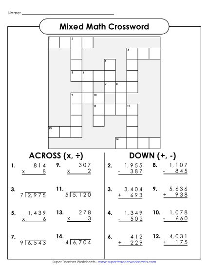 Mixed - Math Crossword - Add, Subt, Mult, Div