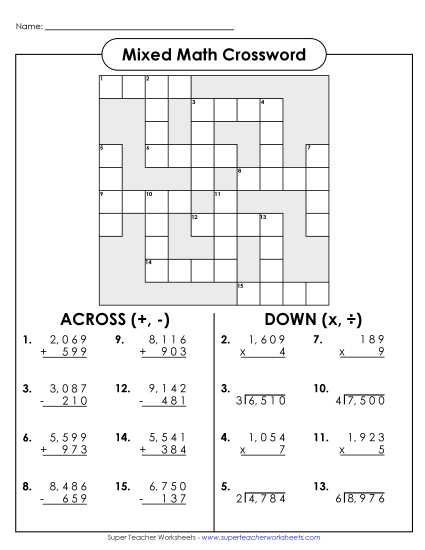 Mixed - Math Crossword - Add, Subt, Mult, Div Mixed - Math Crossword - Add, Subt, Mult, Div