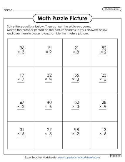 Math Worksheets - Math Puzzle Picture (2-Digit Times 1-Digit Multiplication) Math Worksheets - Math Puzzle Picture (2-Digit Times 1-Digit Multiplication)