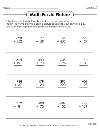 Math Worksheets - Math Puzzle Picture (3-Digit Addition) Math Worksheets - Math Puzzle Picture (3-Digit Addition)